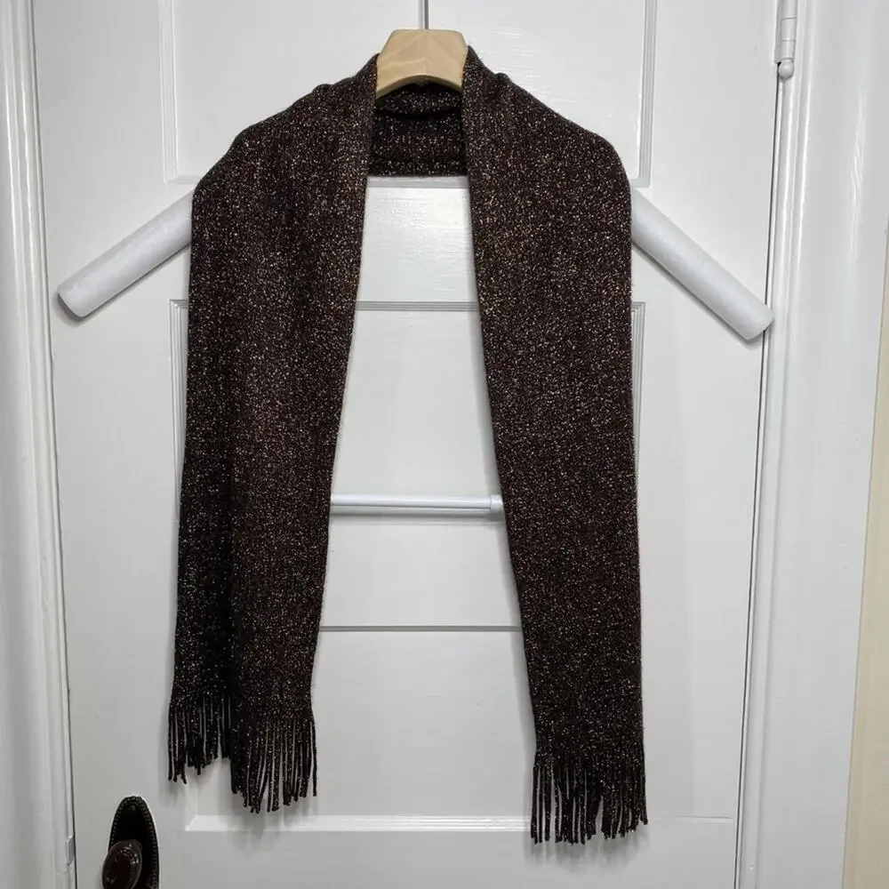 ECHO Metallic Brown Scarf Womens OS NWT Autumnal Boho Chic Knitware Fringe Cozy
